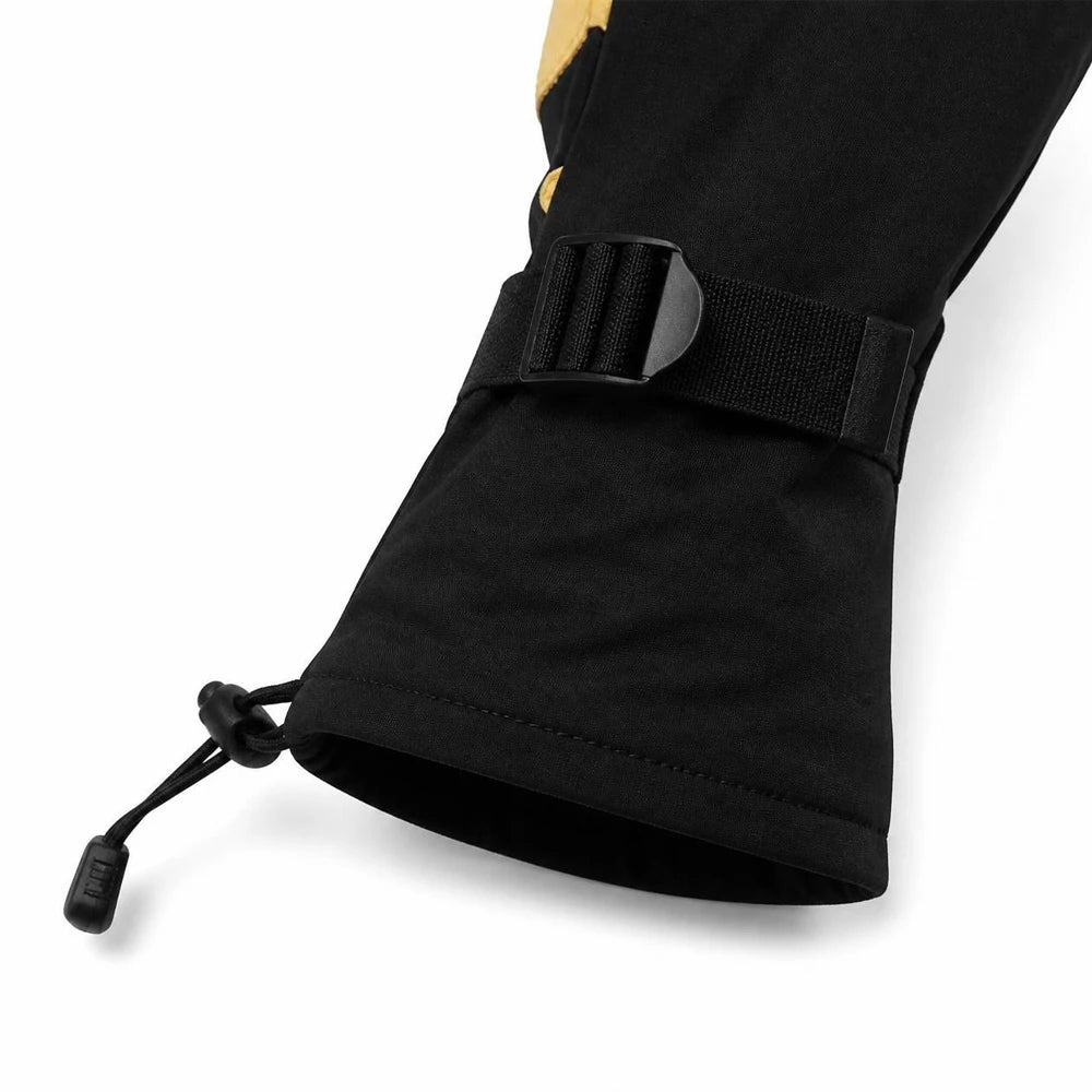 Adjustable black wrist strap and drawstring cuff on Vekap winter ski gloves.