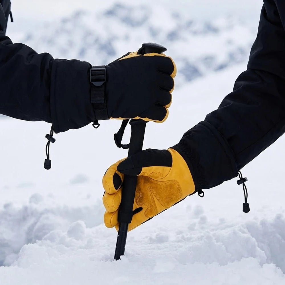 Two skiers wearing Vekap yellow and black leather ski gloves on a snowy mountain.