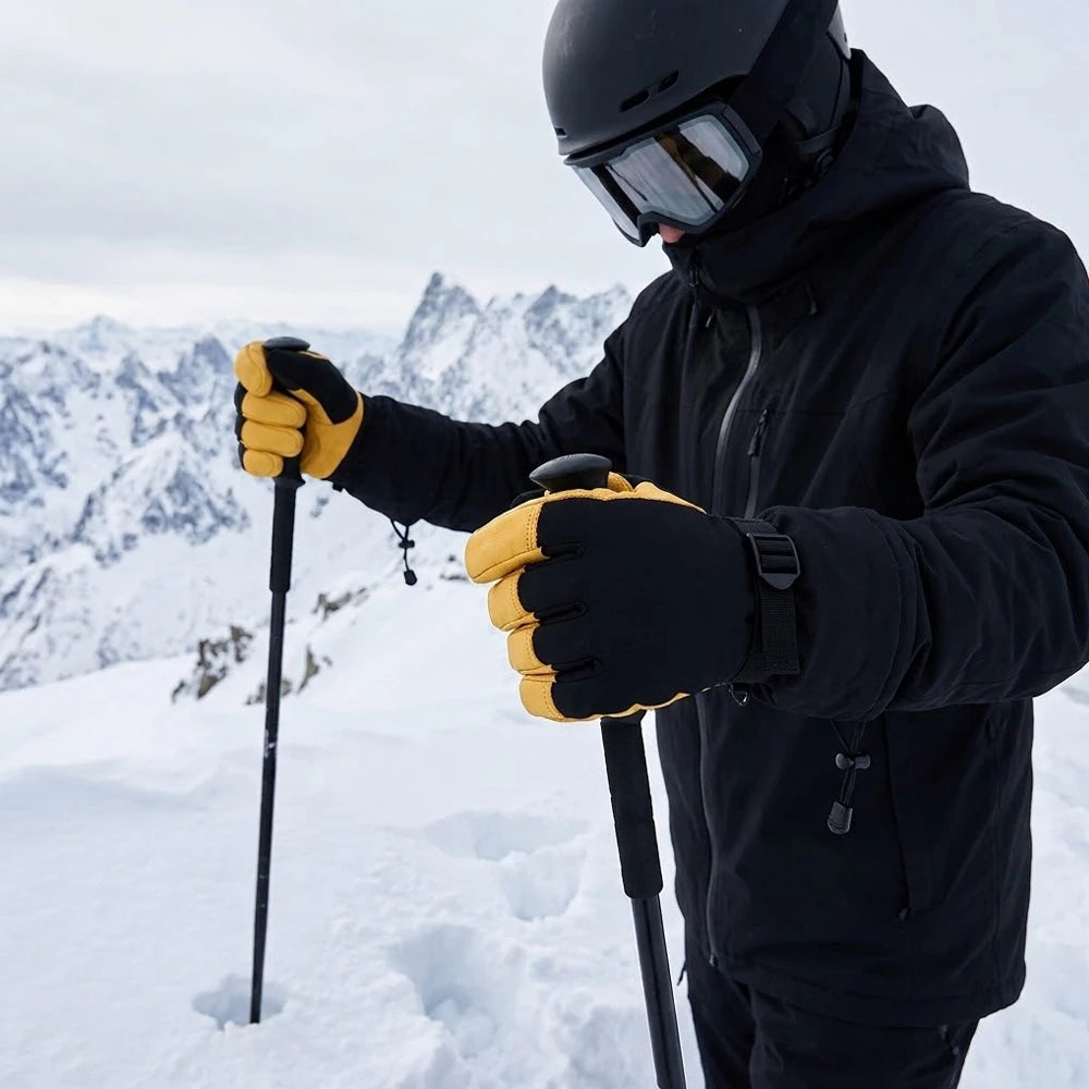 Skier in full black winter outfit wearing Vekap waterproof ski gloves in the snow.