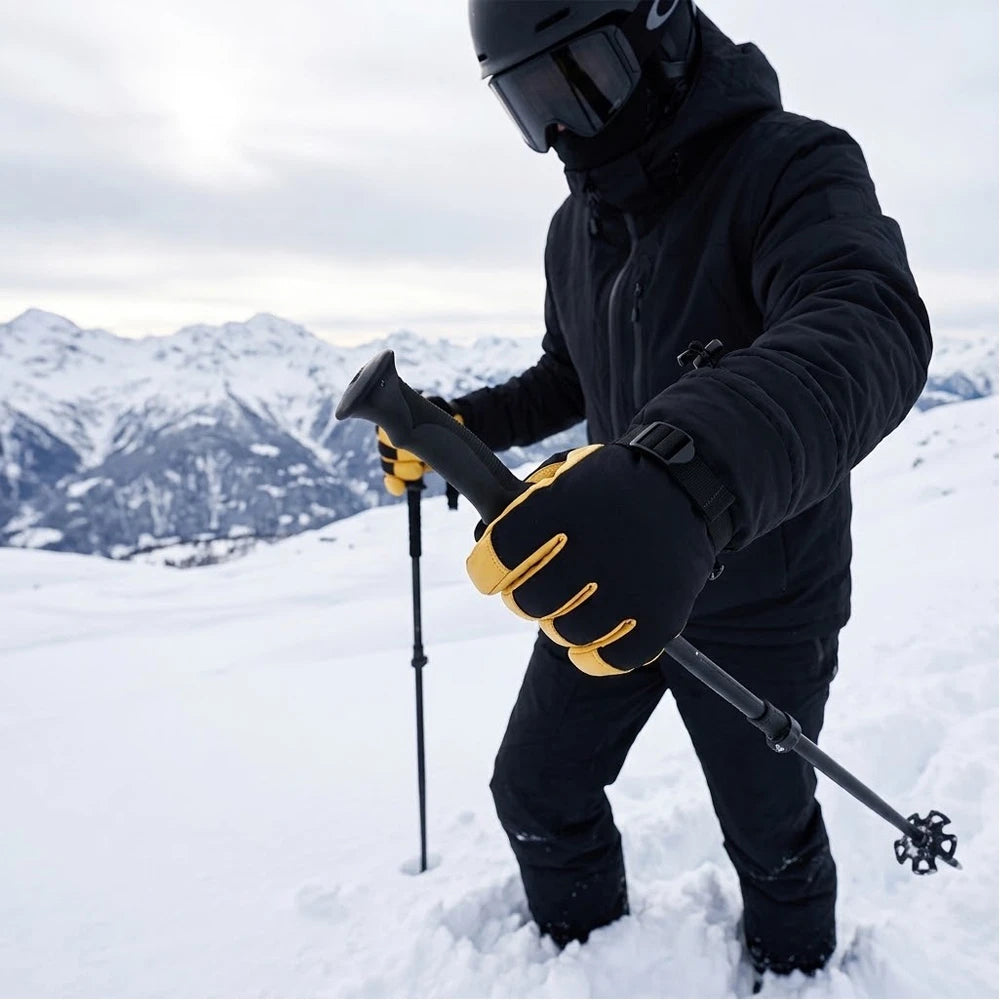 Skier in black winter gear wearing Vekap waterproof ski gloves side view.