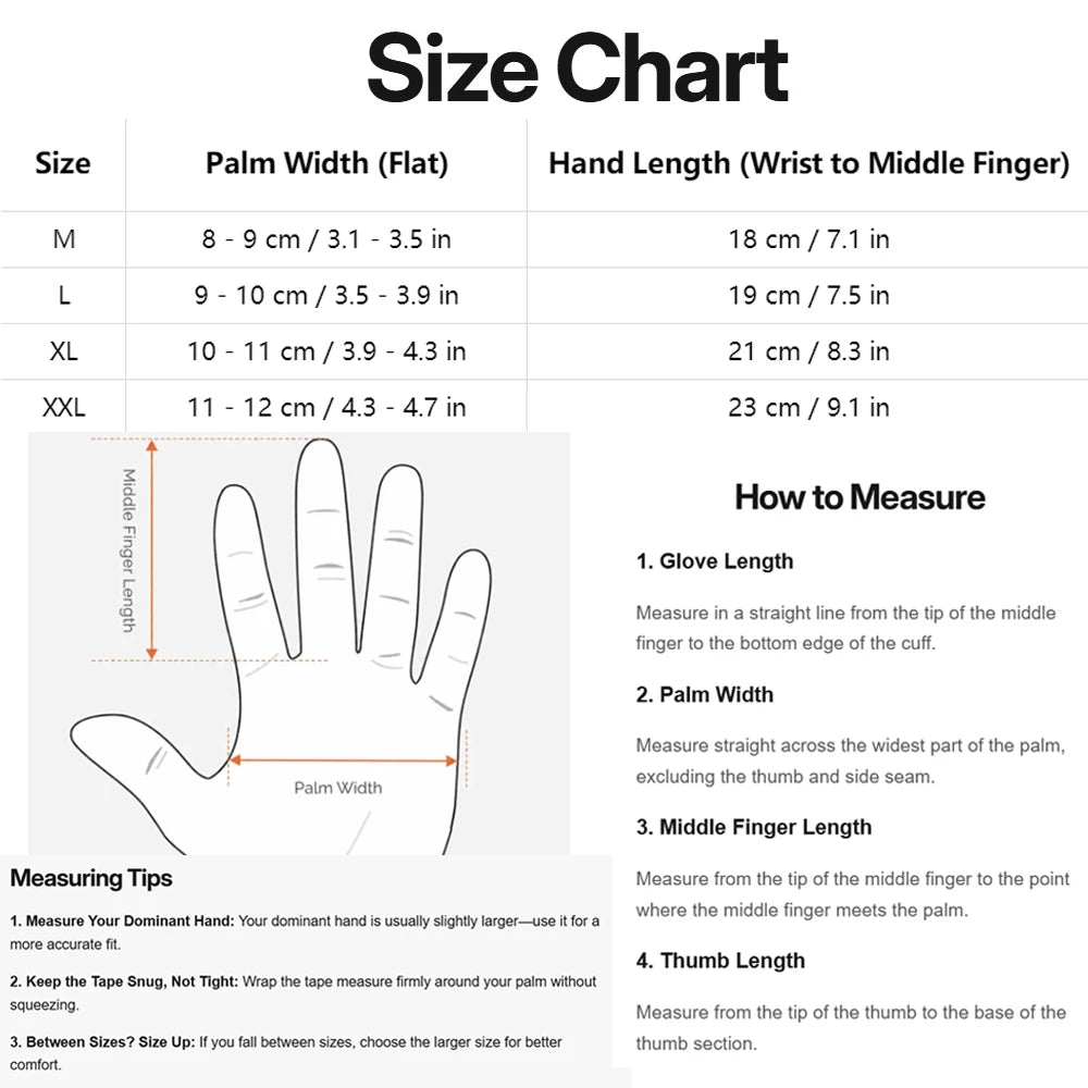 Vekap ski gloves size chart with palm width and total length measurements.