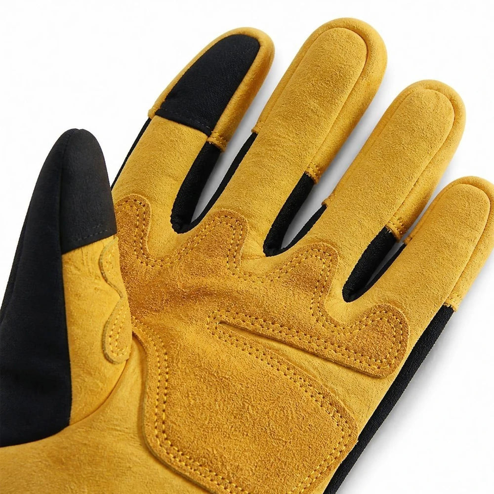 Close-up of the yellow leather palm and reinforced stitching on Vekap ski gloves.