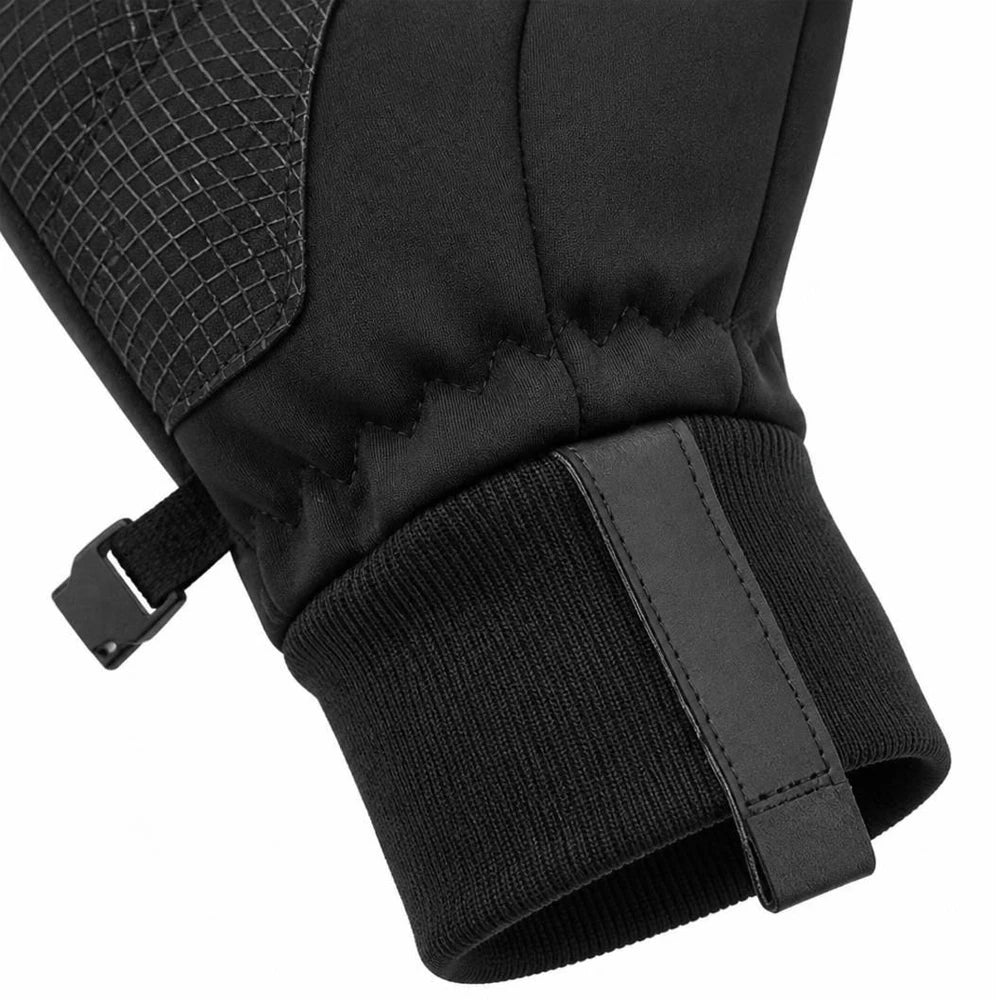 Close-up of elastic cuff and wrist detail on black winter glove