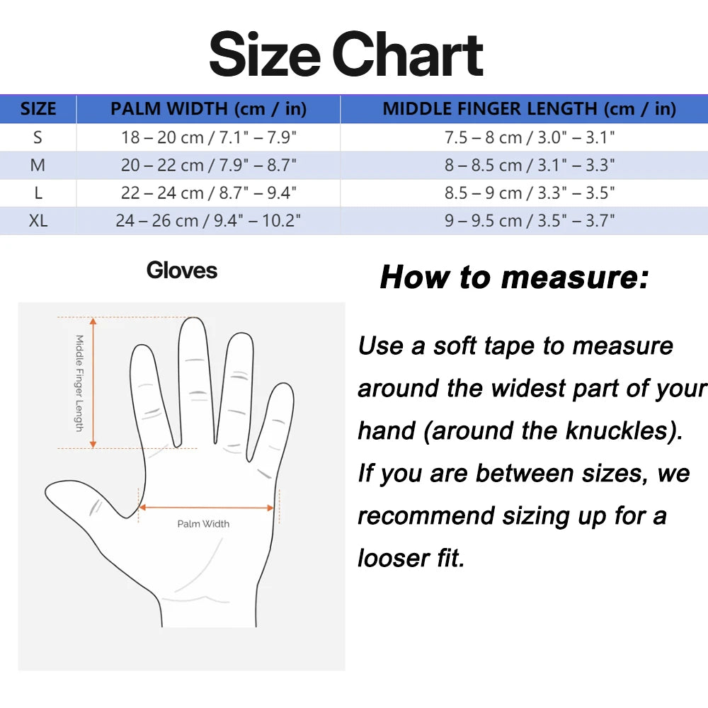 Size chart for Vekap touchscreen winter gloves from S to XL