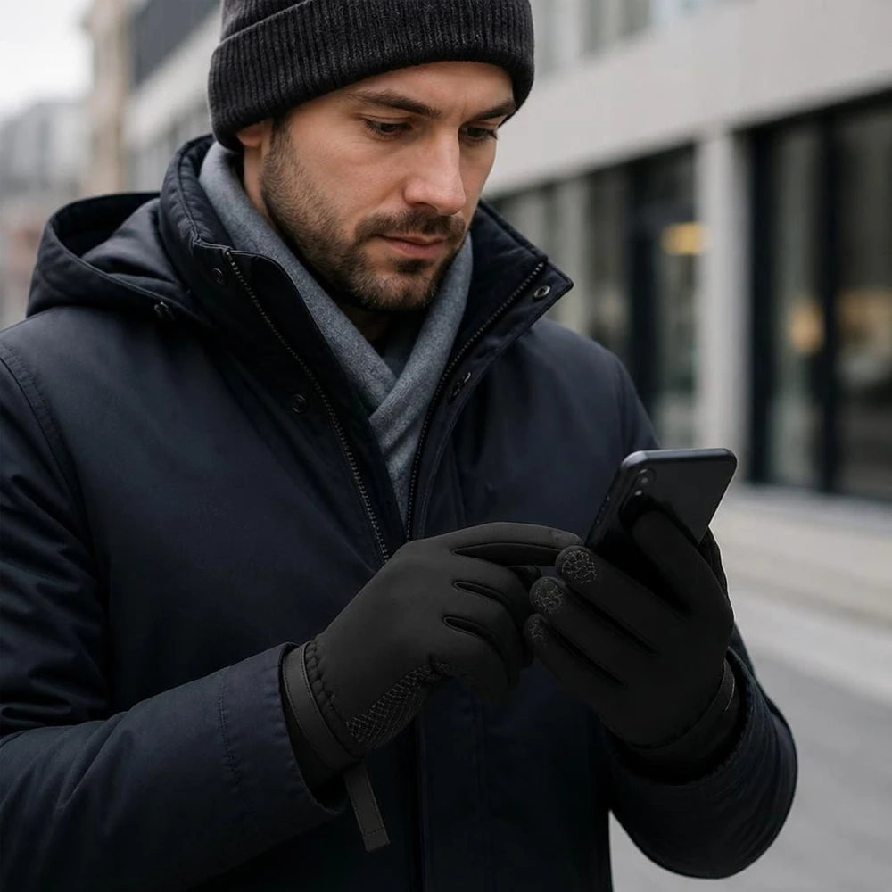 Using a smartphone while wearing black touchscreen winter gloves