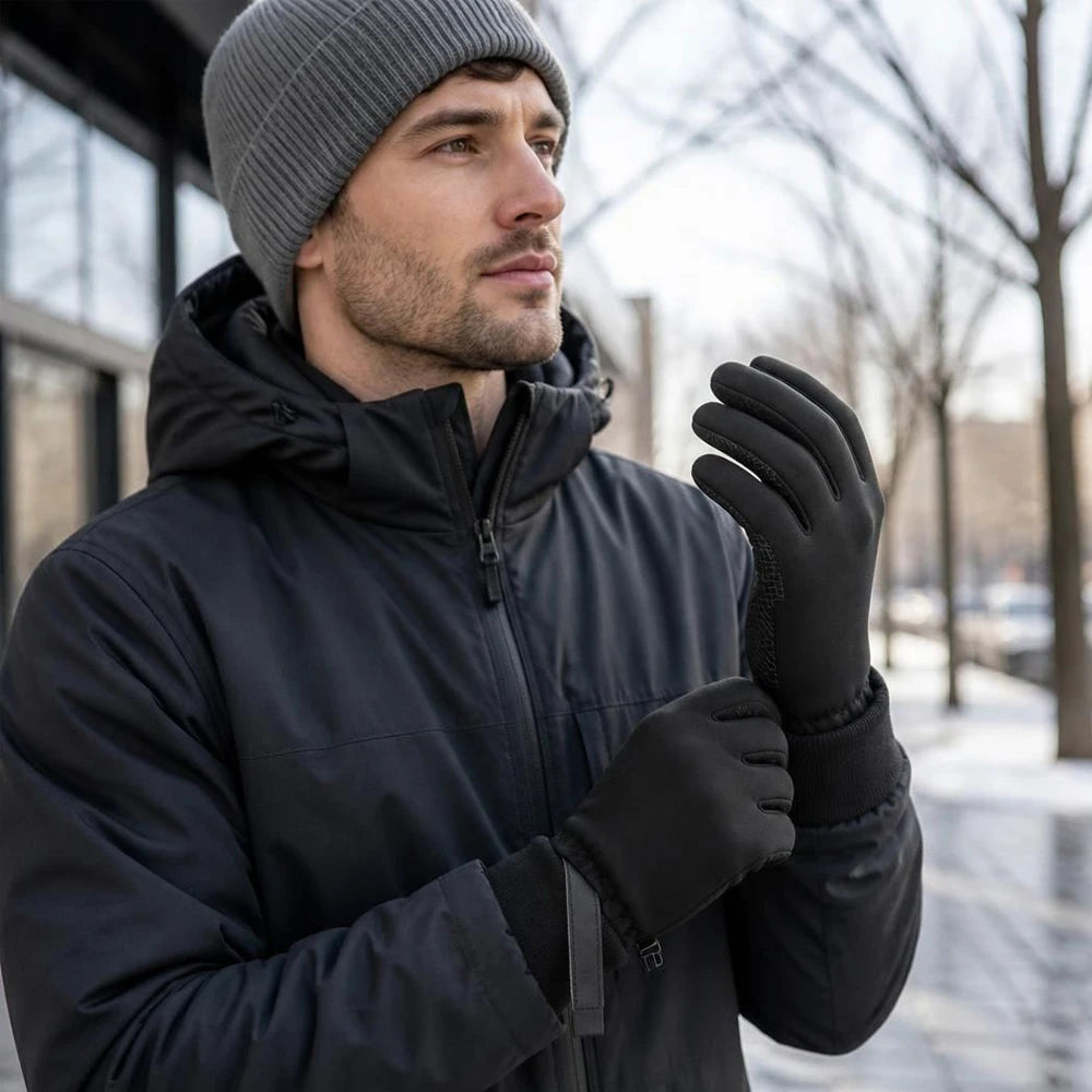Wearing black touchscreen winter gloves outdoors in cold weather