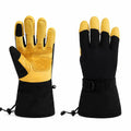 waterproof leather ski gloves with yellow suede palm and black back.