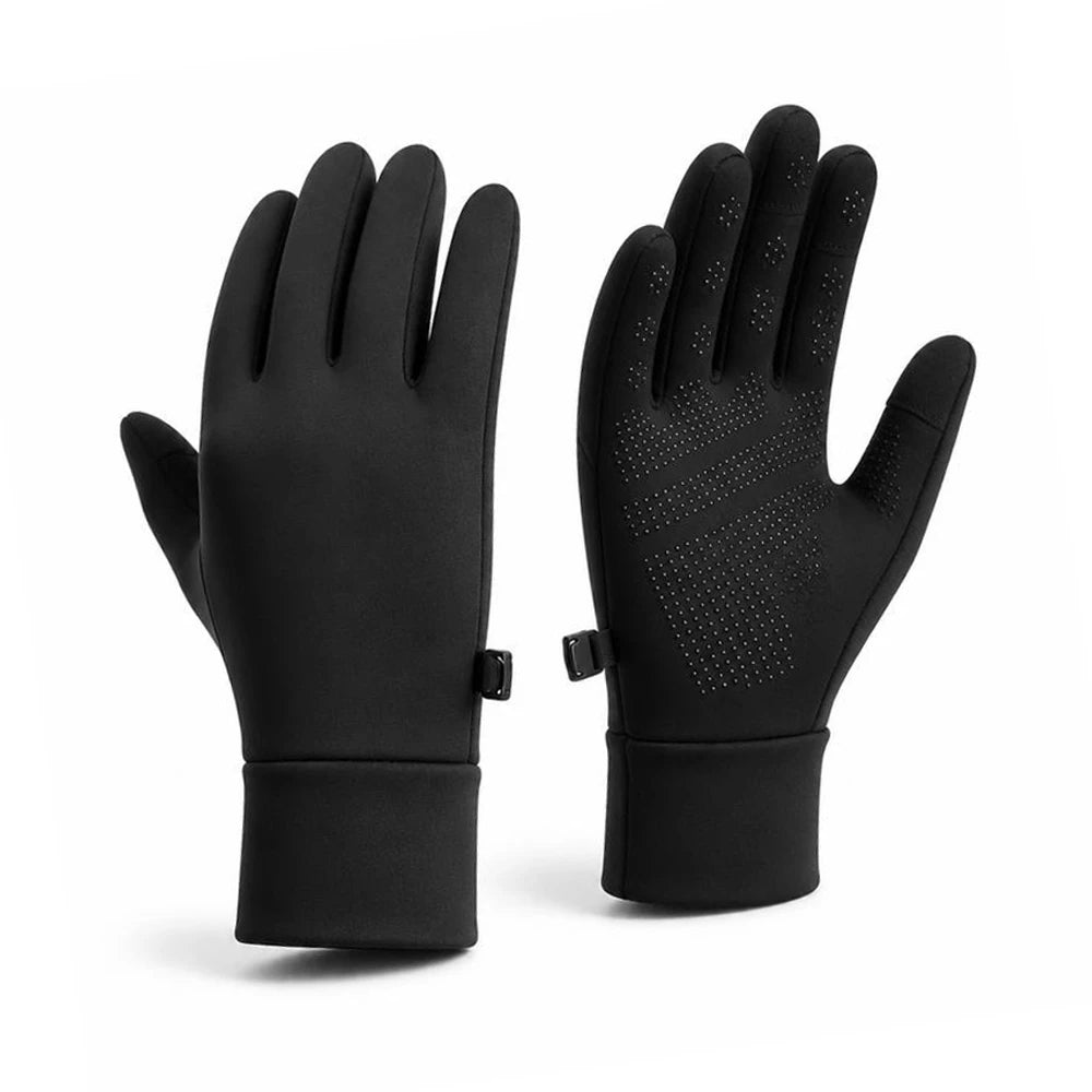 Black winter cycling gloves angled view showing the smooth back and silicone grip palm.