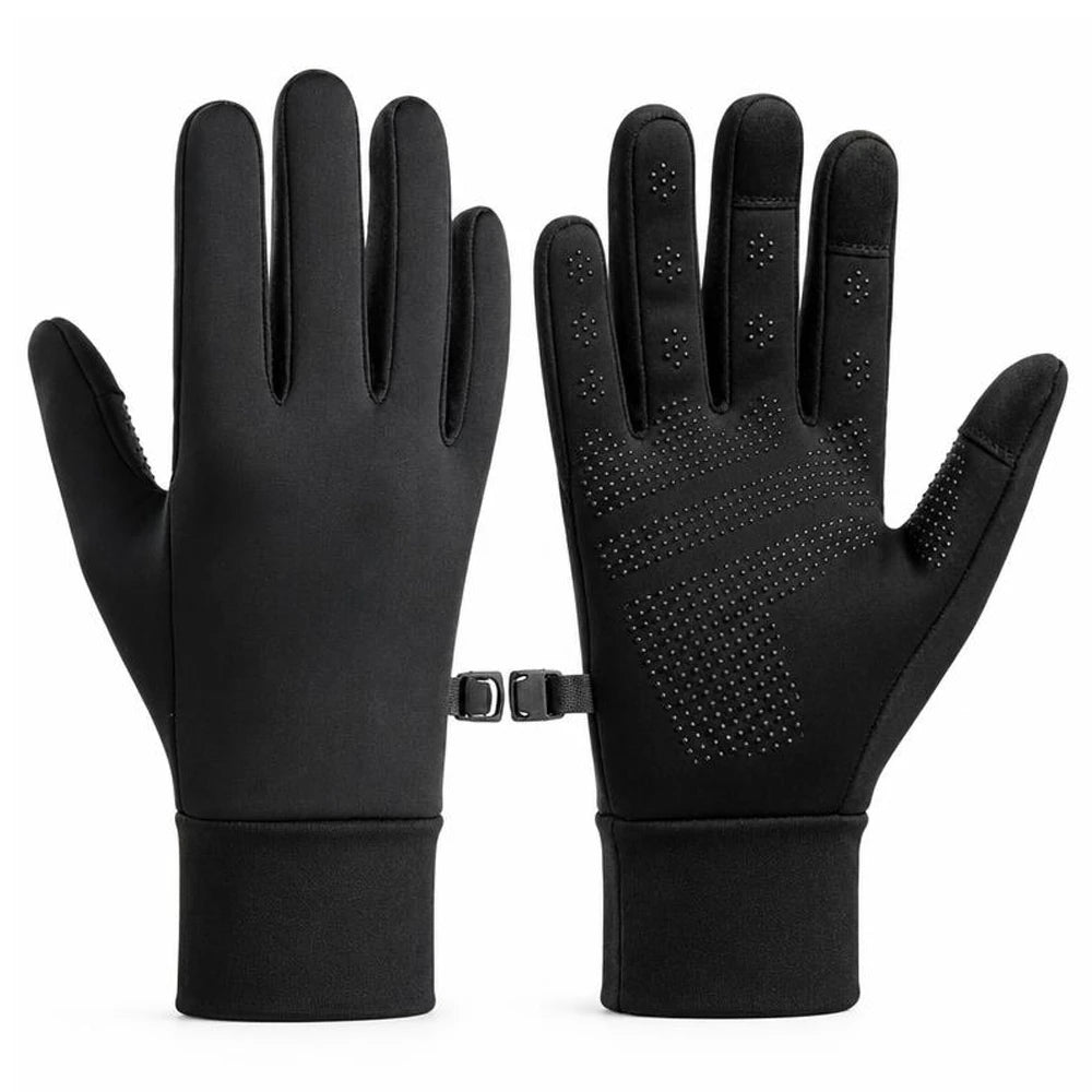Black winter cycling gloves showing the smooth back and silicone anti-slip palm side side by side.