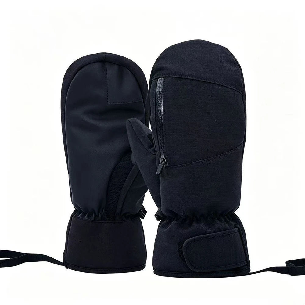 Black waterproof touchscreen ski mittens showing palm and back.