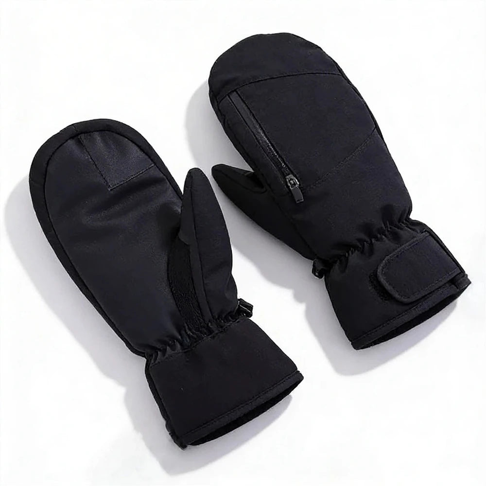 Black waterproof ski mittens laid flat showing zippered pocket and wrist strap.