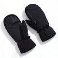 Black waterproof ski mittens laid flat showing zippered pocket and wrist strap.