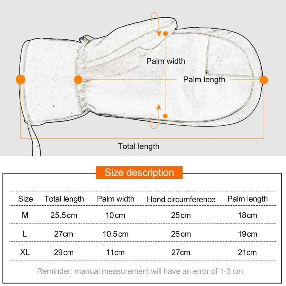 Waterproof touchscreen ski mittens size chart for M, L, and XL.