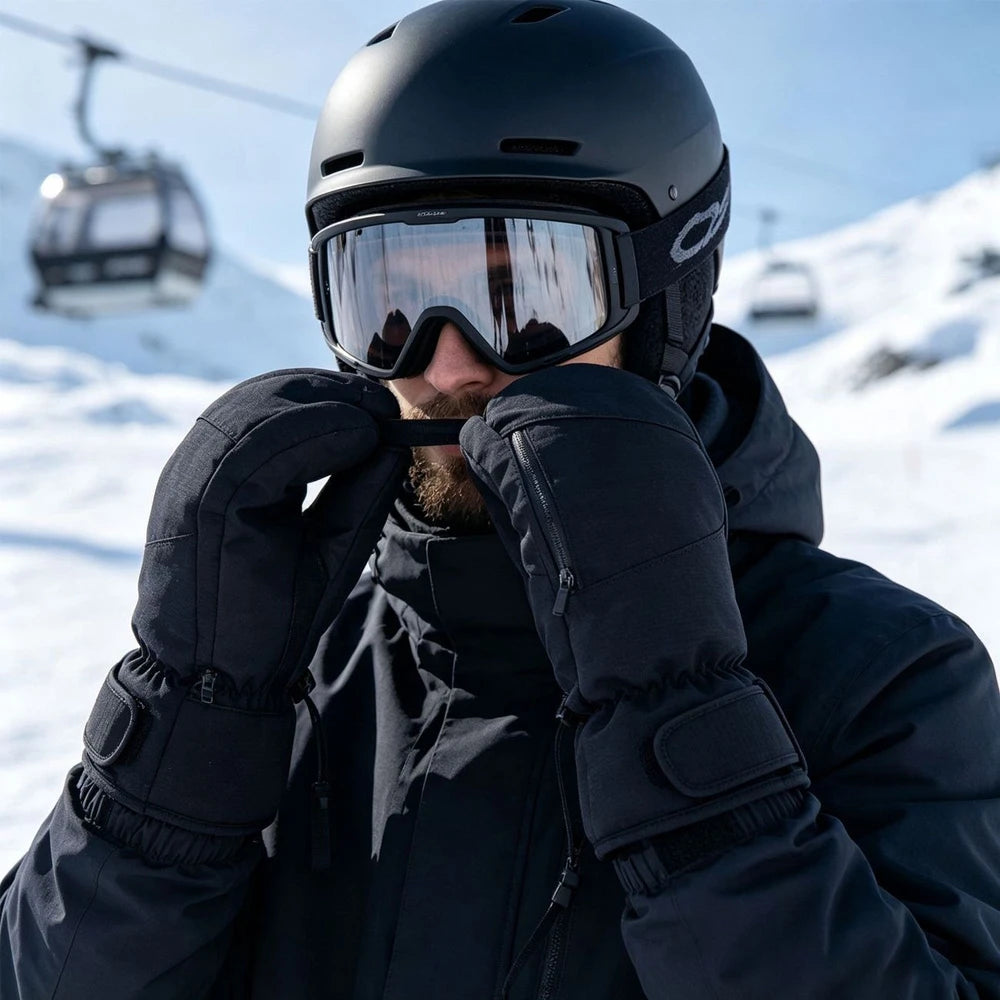 Skier wearing black waterproof touchscreen ski mittens on the slopes.