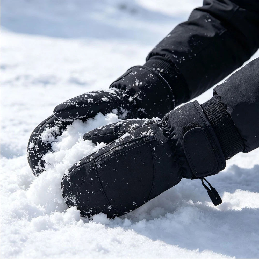 Hands wearing waterproof ski mittens grabbing snow.