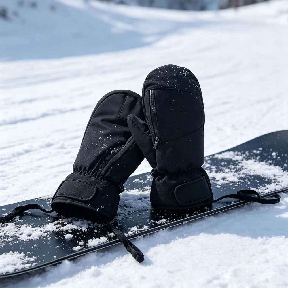 Black ski mittens resting on a snowboard in the snow.