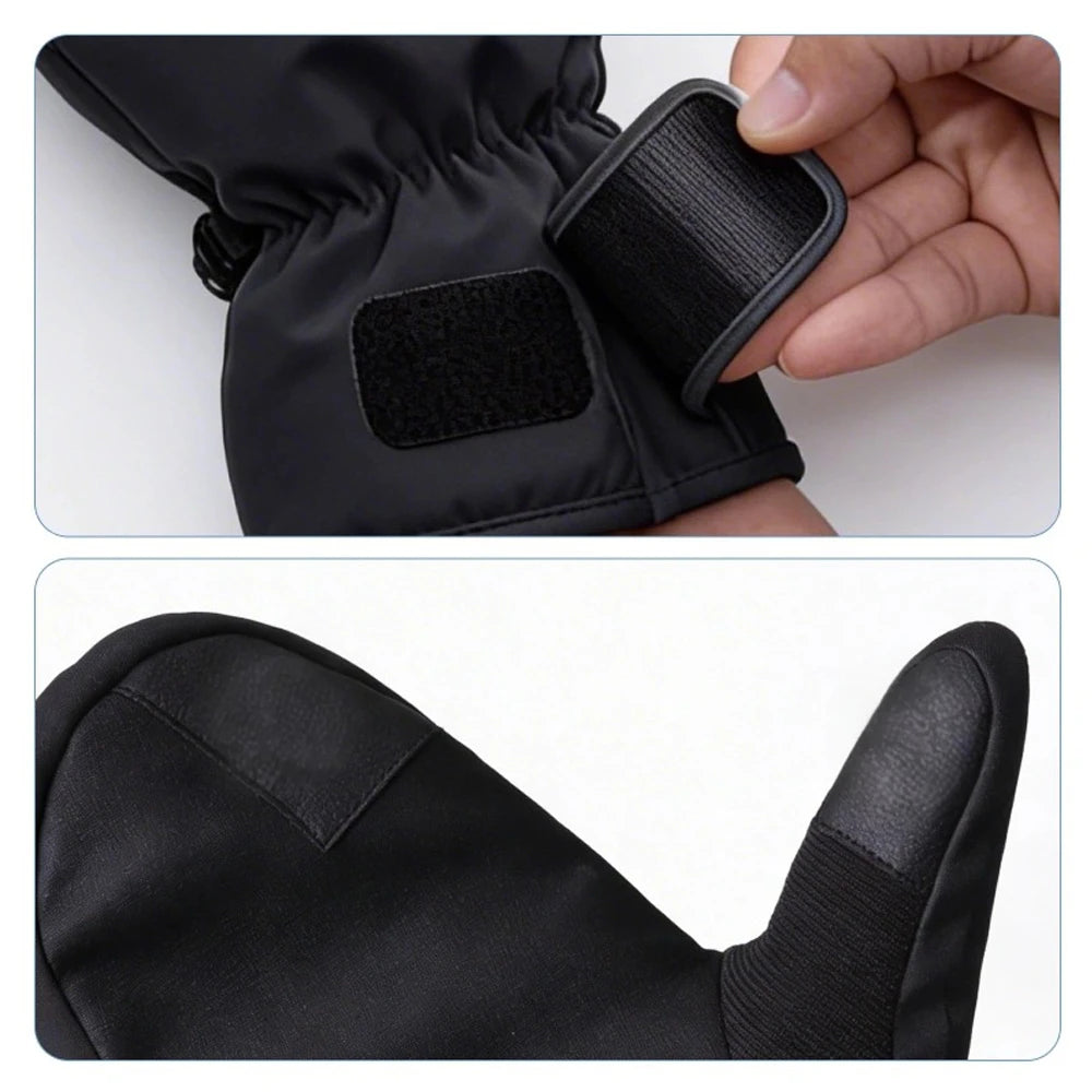 Close-up of ski mitten wrist strap and PU palm grip detailing.