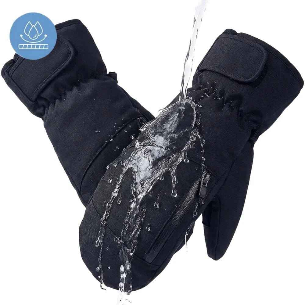 Water-repellent waterproof ski mittens demonstrating water shedding.