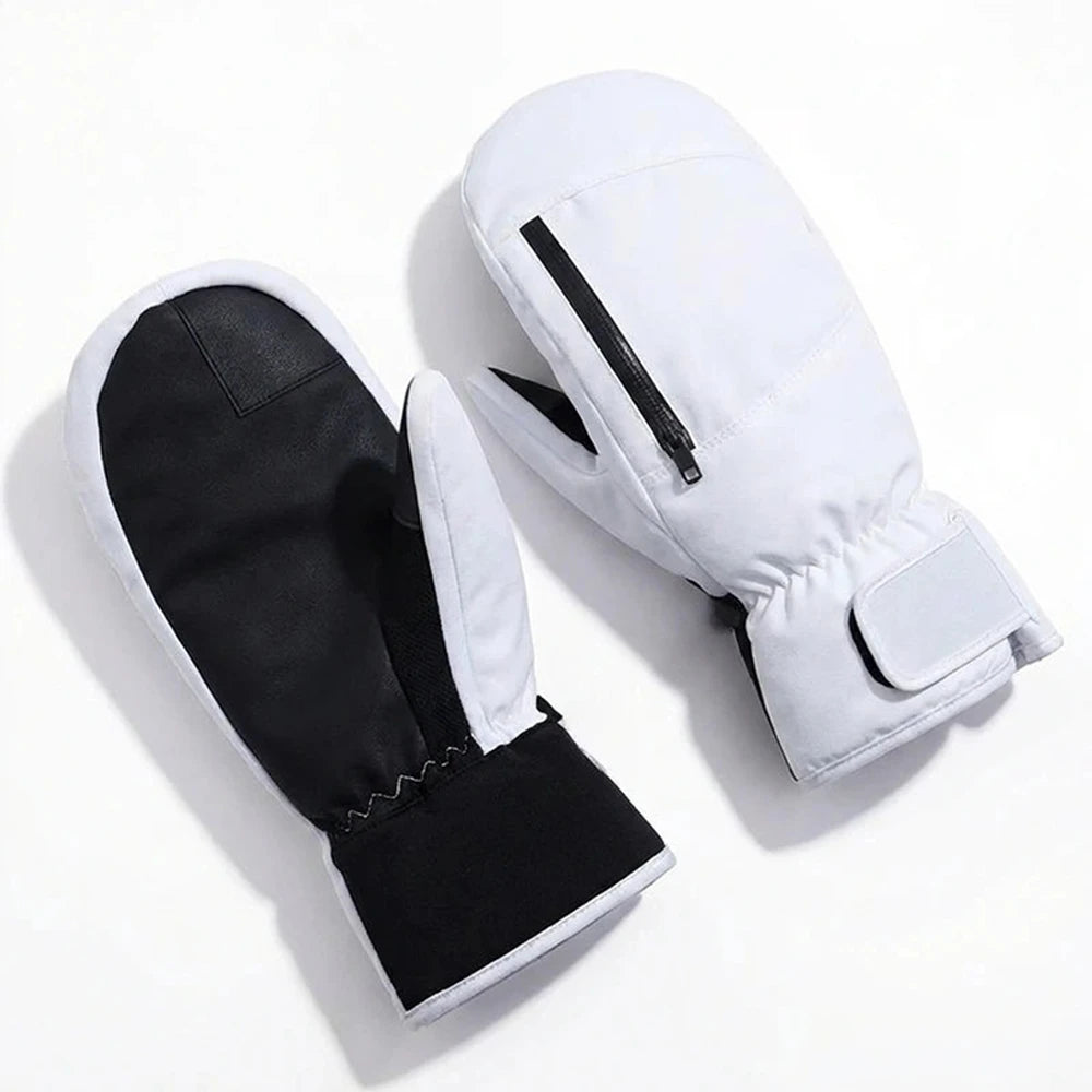 White waterproof ski mittens with black PU palm.
