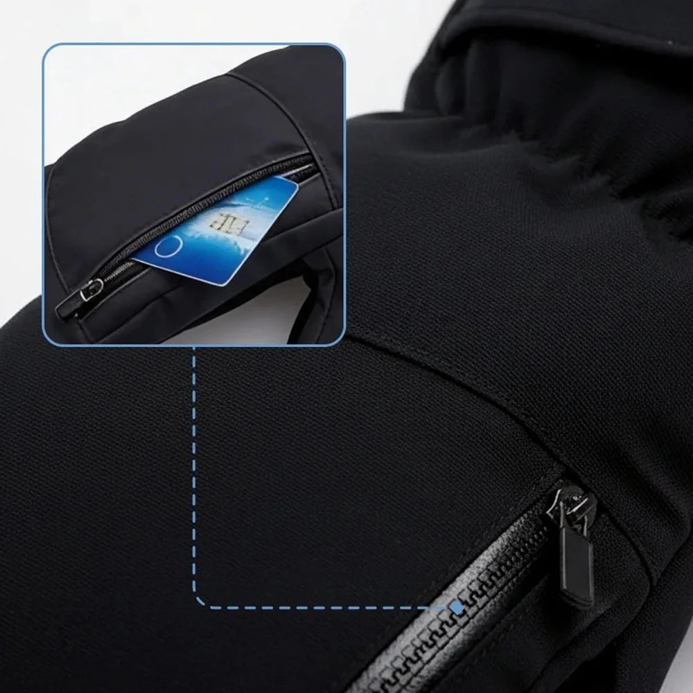 Ski mitten zippered pocket holding a card.